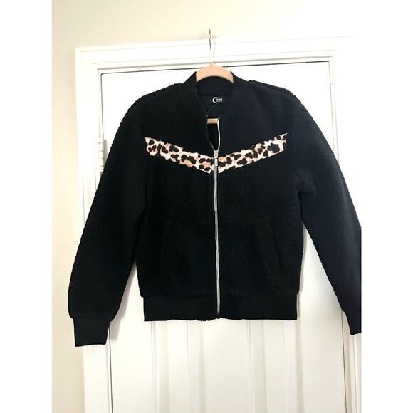 ZYIA Active Black Teddy Fleece Flying V Leopard Full Zip Jacket - Women’s Sz XS - Picture 2 of 7